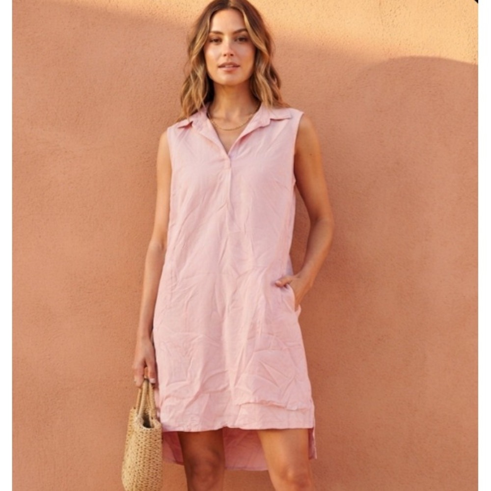 Pendleton Women Pink Tencel Lyocell Sleeveless Collared Shift Dress Large Pocket